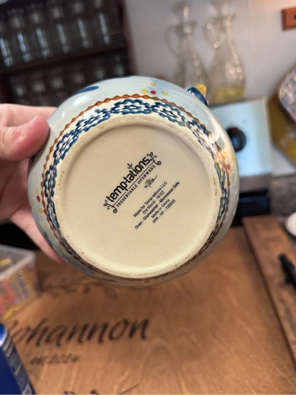 Hand-Painted Blue and Cream Ceramic Chicken Bowl